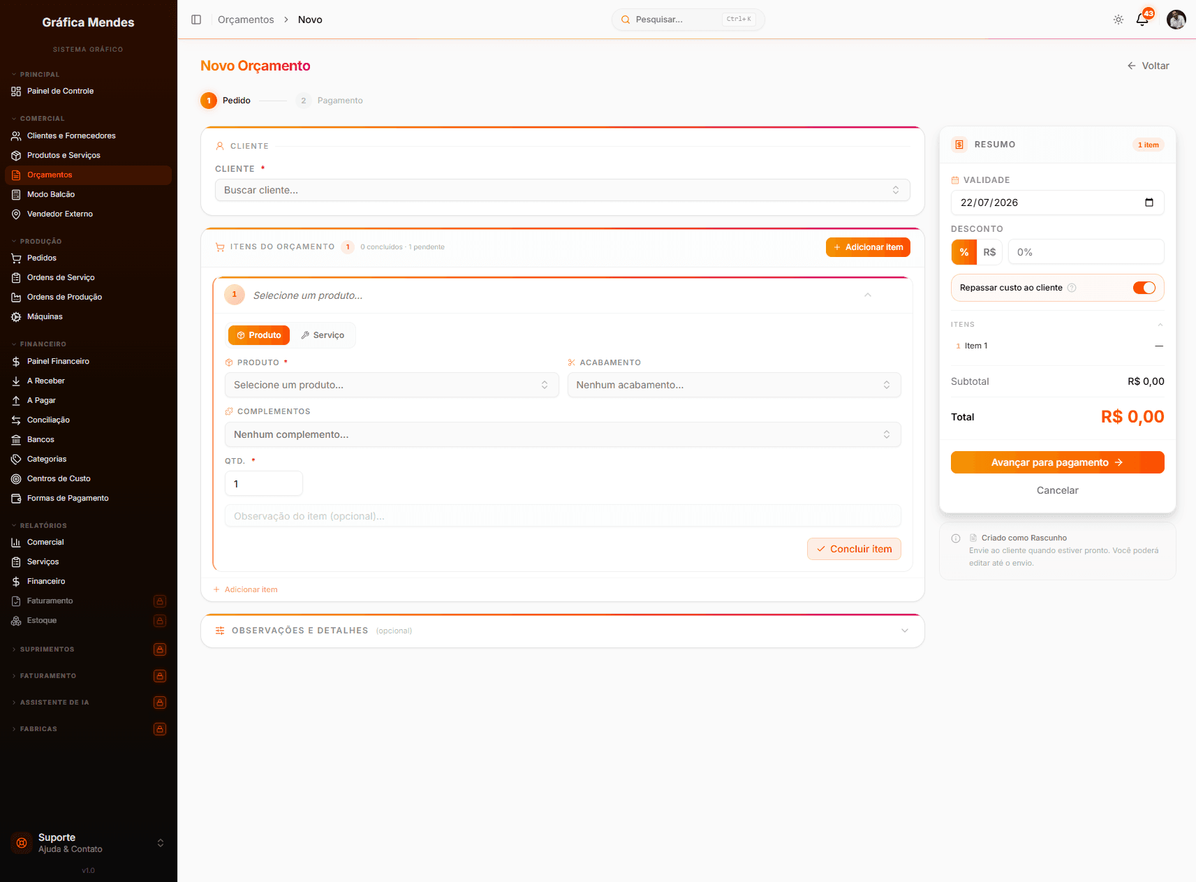 Tela de novo orçamento da Inspira Print com seleção de produto, acabamento, complementos e resumo de valores.